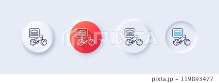 Food delivery bike line icon. Neumorphic, Red gradient, 3d pin buttons. Contactless meal order sign. Grocery delivery symbol. Line icons. Neumorphic buttons with outline signs. Vector Food delivery bike line icon. Neumorphic, Red gradient, 3d pin buttons. Contactless meal order sign. Grocery delivery symbol. Line icons. Neumorphic buttons with outline signs. Vector 119893477