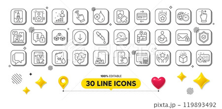 Speakers, Stats and Ranking line icons pack. 3d design elements. No waterproof, Map, Parcel shipping web icon. Phone timing, Augmented reality, Approved shield pictogram. Vector 119893492
