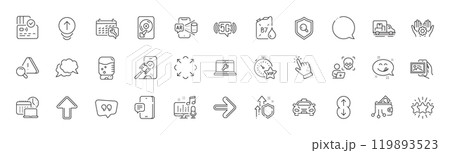 Spanner, Hdd and Attention line icons. Pack of Vip timer, Speech bubble, 5g wifi icon. Employee hand, Diesel canister, Next pictogram. Laptop repair, Scroll down, Water cooler. Line icons. Vector 119893523