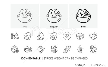 Organic tested, Heartbeat and Thermometer line icons. Pack of Vegetables, Water drop, Washing hands icon. Salad, Vaccination schedule, Corn pictogram. Mint bag, Difficult stress, Quarantine. Vector Organic tested, Heartbeat and Thermometer line icons. Pack of Vegetables, Water drop, Washing hands icon. Salad, Vaccination schedule, Corn pictogram. Mint bag, Difficult stress, Quarantine. Vector 119893529