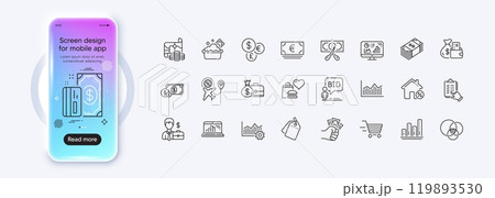 Cut tax, Euler diagram and Salary line icons for web app. Phone mockup gradient screen. Pack of Operational excellence, Graph chart, Usd currency pictogram icons. Vector 119893530