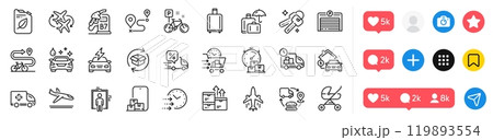 Car wash, Delivery and Diesel station line icons pack. Social media icons. Plane, Fast delivery, Luggage insurance web icon. Online storage, Supply chain, Bike pictogram. Vector 119893554