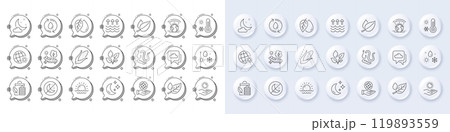 Moon, Bio shopping and Night weather line icons. White pin 3d buttons, chat bubbles icons. Pack of Corn, Weather, Insomnia icon. Plants watering, Mint leaves, Leaf dew pictogram. Vector 119893559