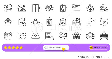 Parcel invoice, Gas cylinder and Petrol canister line icons for web app. Pack of Cardboard box, Send box, Milestone pictogram icons. Baggage, Lift, Taxi signs. Journey, Wholesale goods. Vector 119893567
