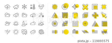 Cloudy sky, winter snowflake, thermometer. Design shape elements. Weather and forecast line icons. Moon night, rain and sunset icons. Vector 119893575