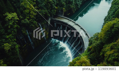 渓谷の中のダムと流れ落ちる水 渓谷の中のダムと流れ落ちる水 119893601