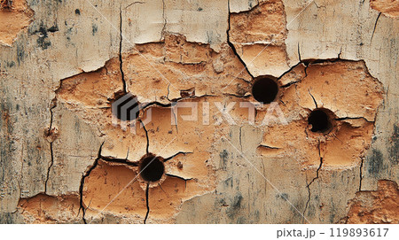 弾痕が多数あるひび割れた壁のテクスチャ 弾痕が多数あるひび割れた壁のテクスチャ 119893617