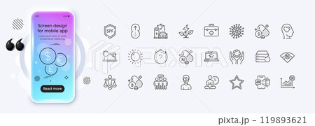 Coronavirus, First aid and Star line icons for web app. Phone mockup gradient screen. Pack of Swipe up, 5g wifi, Eco power pictogram icons. Vector 119893621