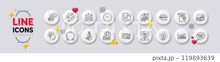 Report document, Omega and Floor plan line icons. White buttons 3d icons. Pack of Engineering documentation, Fake review, Quick tips icon. Vector 119893639