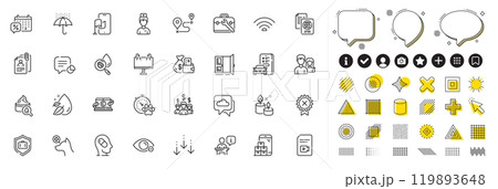 Set of Tool case, Statistic and Car registration line icons for web app. Design elements, Social media icons. Weather forecast, Aroma candle, Discounts calendar icons. Vector 119893648