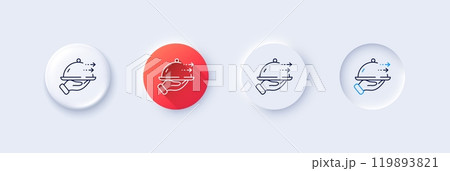 Food delivery line icon. Neumorphic, Red gradient, 3d pin buttons. Restaurant order sign. Catering service symbol. Line icons. Neumorphic buttons with outline signs. Vector Food delivery line icon. Neumorphic, Red gradient, 3d pin buttons. Restaurant order sign. Catering service symbol. Line icons. Neumorphic buttons with outline signs. Vector 119893821