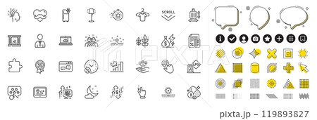 Set of No sun, Online statistics and Scroll down line icons for web app. Design elements, Social media icons. Puzzle, Timer, Gift icons. Consolidation, Refrigerator, Stress grows signs. Vector Set of No sun, Online statistics and Scroll down line icons for web app. Design elements, Social media icons. Puzzle, Timer, Gift icons. Consolidation, Refrigerator, Stress grows signs. Vector 119893827