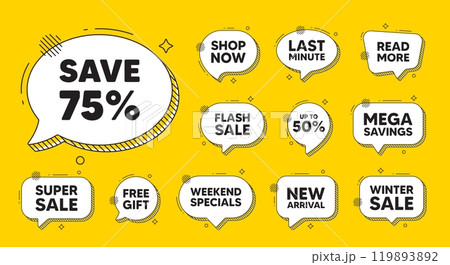 Offer speech bubble icons. Save 75 percent off tag. Sale Discount offer price sign. Special offer symbol. Discount chat offer. Speech bubble discount banner. Text box balloon. Vector Offer speech bubble icons. Save 75 percent off tag. Sale Discount offer price sign. Special offer symbol. Discount chat offer. Speech bubble discount banner. Text box balloon. Vector 119893892