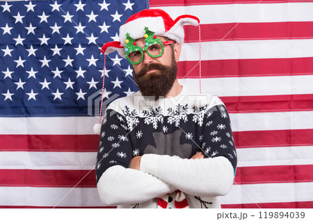 Tradition of patriotism. Christmas tradition from USA. My country and tradition. Liberty and Justice For All. American tradition. Santa Claus on american flag. Celebrate xmas and new year 119894039