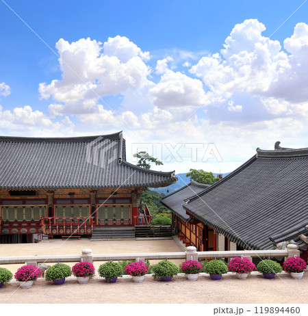 Ancient pavilions in Beomeosa Temple in traditional korean style, Busan, South Korea. Beautiful landscape with mountains and Beomeosa Temple complex, Busan, Republic of Korea Ancient pavilions in Beomeosa Temple in traditional korean style, Busan, South Korea. Beautiful landscape with mountains and Beomeosa Temple complex, Busan, Republic of Korea 119894460