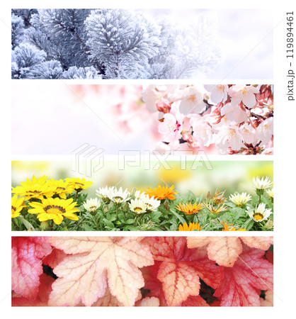 Four seasons of year. Set of horizontal nature banners with winter, spring, summer and autumn scenes. Nature collage with seasonal scenics. Copy space for text Four seasons of year. Set of horizontal nature banners with winter, spring, summer and autumn scenes. Nature collage with seasonal scenics. Copy space for text 119894461