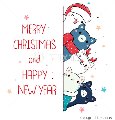 Merry Christmas and Happy New Year. Christmas card with cute cats. Winter holiday greeting card with kawaii animals. Christmas card with cute little kittens in scarves and hats. Vector EPS8 Merry Christmas and Happy New Year. Christmas card with cute cats. Winter holiday greeting card with kawaii animals. Christmas card with cute little kittens in scarves and hats. Vector EPS8 119894549