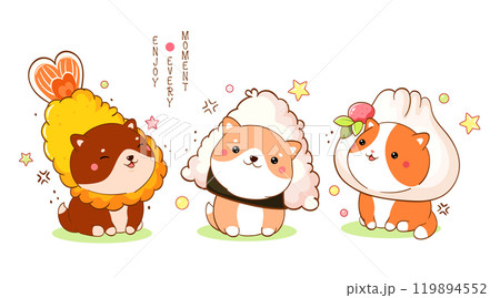 Kawaii Shiba inu and cat. Cute akita inu puppy and kitty playing with sushi, tempura, dango and dumpling costumes. Can be used for t-shirt print, sticker, greeting card, menu design. Vector EPS8 119894552