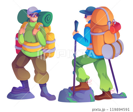Hiker tourist man with backpack travel in mountain Hiker tourist man with backpack travel in mountain 119894591