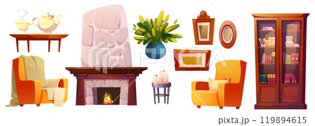 Cozy living room set with stone fireplace 119894615
