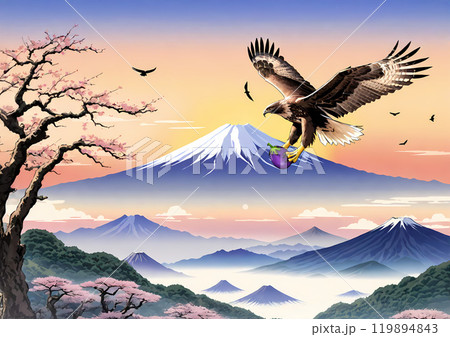 初夢の縁起物、一富士三茄子を運んでいる二鷹と桜のイラスト素材