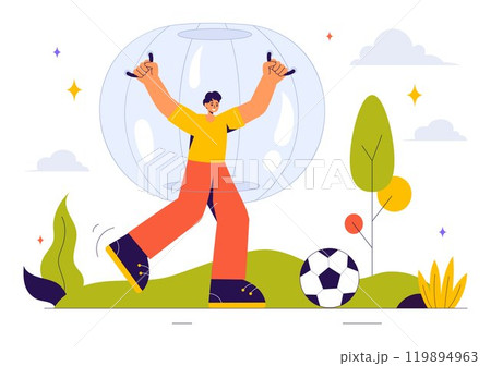 Zorbing Vector Illustration featuring People Enjoying Bubble Bump Games on a Green Field in a Fun and Playful Flat Cartoon Style background Zorbing Vector Illustration featuring People Enjoying Bubble Bump Games on a Green Field in a Fun and Playful Flat Cartoon Style background 119894963