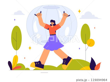 Zorbing Vector Illustration featuring People Enjoying Bubble Bump Games on a Green Field in a Fun and Playful Flat Cartoon Style background Zorbing Vector Illustration featuring People Enjoying Bubble Bump Games on a Green Field in a Fun and Playful Flat Cartoon Style background 119894964