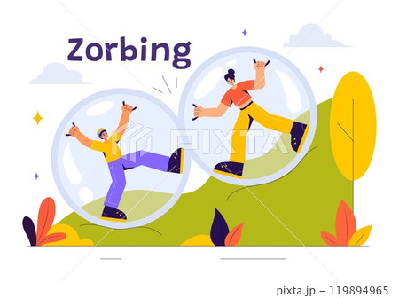Zorbing Vector Illustration featuring People Enjoying Bubble Bump Games on a Green Field in a Fun and Playful Flat Cartoon Style background 119894965