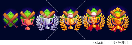 Baseball game rank award with crossed bats and laurel wreath, sport badge. Cartoon vector trophy progression representing victory, achievement, honor, success and the competitive spirit in sports Baseball game rank award with crossed bats and laurel wreath, sport badge. Cartoon vector trophy progression representing victory, achievement, honor, success and the competitive spirit in sports 119894996