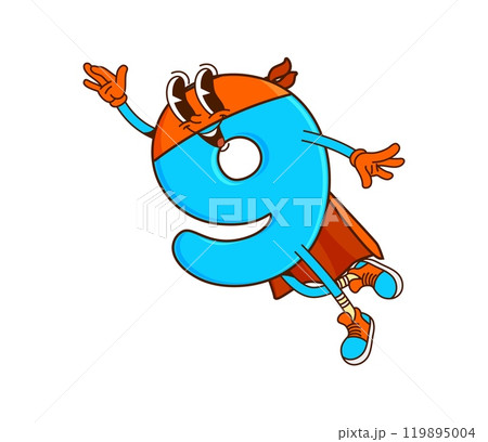 Cartoon groovy math number nine superhero character in hippie shoes, cape and mask. Isolated vector smiling educational digit defender school retro comic book personage flying to fight with ignorance Cartoon groovy math number nine superhero character in hippie shoes, cape and mask. Isolated vector smiling educational digit defender school retro comic book personage flying to fight with ignorance 119895004