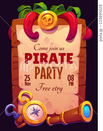 Pirate party flyer for kids entertainment event or theme park, vector cartoon poster. Caribbean pirate party invitation flyer with captain hook and skull on treasure gold, sailor spyglass and compass 119895028