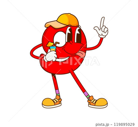 Cartoon math number nine groovy character on fitness sport. Red digit 9 personage in a sporty hat, sipping a drink and striking a fun pose, promotes themes of health, education and whimsy for children 119895029