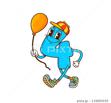 Cartoon math number four groovy character wears cap with propeller and holding balloon. Isolated cute and funny vector playful 4 figure mathematics numeric baby personage with cheerful friendly smile 119895039