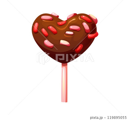 Valentine heart candy lollipop for sweets and confectionery, vector holiday dessert icon. Cartoon Valentine candy in heart shape with chocolate glazing and pink red caramel sprinkles for love gift 119895055
