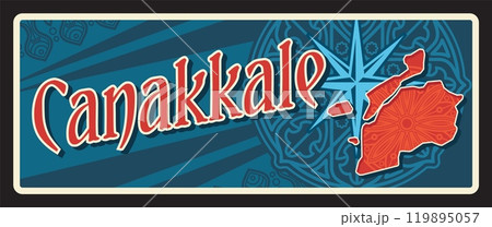 Canakkale province plate, Turkish metal plaque, vector banner of touristic Turkish landmark with traditional wind rose, islamic ornament. Retro board, travel destination cartography sign 119895057