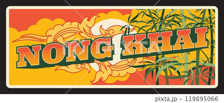 Nong Khai vector plate with Thailand province seal ornament of lotus flower and bamboo plant. Thai travel tin plate, Asian tourism sticker with growing bamboo trees, shining sun 119895066