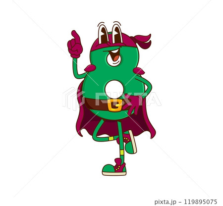 Cartoon groovy math number eight superhero character with expressive funky smile. Isolated vector digit 8 super hero educational retro comic book personage for children books and mathematics classes 119895075