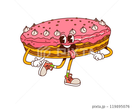 Funny groovy cake hippie dessert, sweet and candy character with pink frosting and cream dollops on top. Isolated vector pie retro personage with joyful face and sticking tongue ready for celebration 119895076