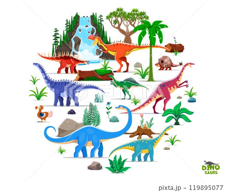 Prehistoric dinosaurs round shape with cartoon vector dino characters arranged in round isolated figure amidst lush Jurassic era landscape with waterfall, palm trees, ferns, plants and volcanic rocks 119895077