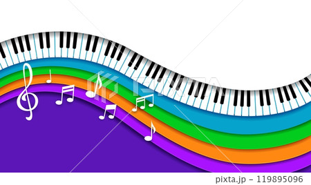 Paper cut music piano. Vector background for concert invitation or classic musical festival performance promo, featuring vibrant 3d papercut layered waves, musical notes, treble clef and piano keys 119895096