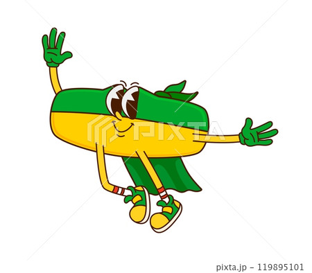Cartoon math minus symbol superhero character. Isolated vector mathematics sign for subtraction tasks. Funny and quirky school educational retro comic personage in mask and cape with smiling face 119895101