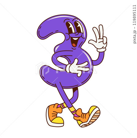 Groovy math number three character with funny face in retro cartoon, vector mathematics emoji. Groovy number 3 comic funky numeral with hippie V sign gesture walking in hipster shoes with happy smile Groovy math number three character with funny face in retro cartoon, vector mathematics emoji. Groovy number 3 comic funky numeral with hippie V sign gesture walking in hipster shoes with happy smile 119895111