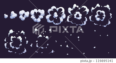 Smoke explosion game sprite or animated cloud steam of cartoon bomb blast, vector effect. TNT bomb explode with smoke cloud animation sprite sheet of blast and pop puff for cartoon dynamite explosion 119895141