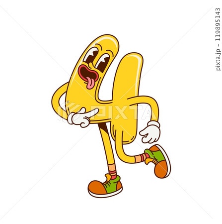 Groovy math number four character with funny face and silly smile, vector retro cartoon. Groovy number 4 for mathematics emoji or comic funky numeral with freaky tongue out for math cartoon character 119895143