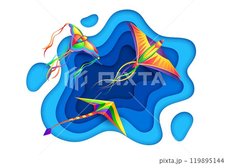 Paper cut banner with kites for Makar Sankranti holiday or Indian festival, vector background. Makar Sankranti Hindu holiday banner with rainbow kites in paper cut sky for traditional celebration 119895144