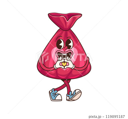 Retro groovy candy sweet character making a heart gesture with hands, exudes love, joy nostalgia. Cartoon vector sweet truffle treat personage showcasing 70s vibe, vibrant wrapper and fun expressions Retro groovy candy sweet character making a heart gesture with hands, exudes love, joy nostalgia. Cartoon vector sweet truffle treat personage showcasing 70s vibe, vibrant wrapper and fun expressions 119895187