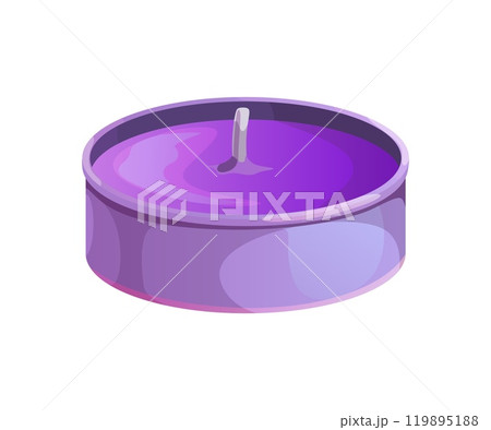 Cartoon lavender candle in purple round container. Isolated vector flower-scented candle with vibrant purple color emphasizes calming, soothing atmosphere for spa, wellness, aromatherapy or relaxation Cartoon lavender candle in purple round container. Isolated vector flower-scented candle with vibrant purple color emphasizes calming, soothing atmosphere for spa, wellness, aromatherapy or relaxation 119895188