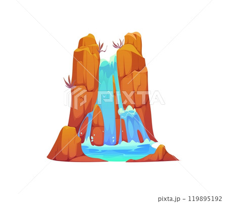 Cartoon waterfall water cascade. Vector natural splashing streams and jets falling down from the wild west canyon rock with sparse vegetation. Isolated multiple flows cascading down the western rock 119895192