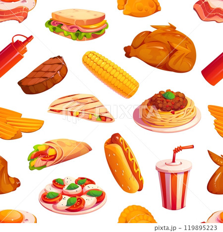 Cartoon fast food seamless pattern. Wallpaper pattern, fabric vector print with fast food cafe meals. Wrapping paper backdrop with sandwich, corn and pasta, soda drink, steak meat and fried chicken Cartoon fast food seamless pattern. Wallpaper pattern, fabric vector print with fast food cafe meals. Wrapping paper backdrop with sandwich, corn and pasta, soda drink, steak meat and fried chicken 119895223