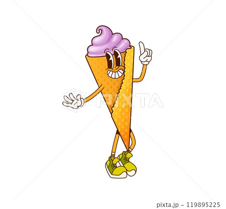 Cartoon fast food ice cream cone groovy character. Fast food menu sweet snack, takeaway cafe frozen meal or junk restaurant sundae ice cream dessert cheerful groovy isolated vector character or mascot 119895225